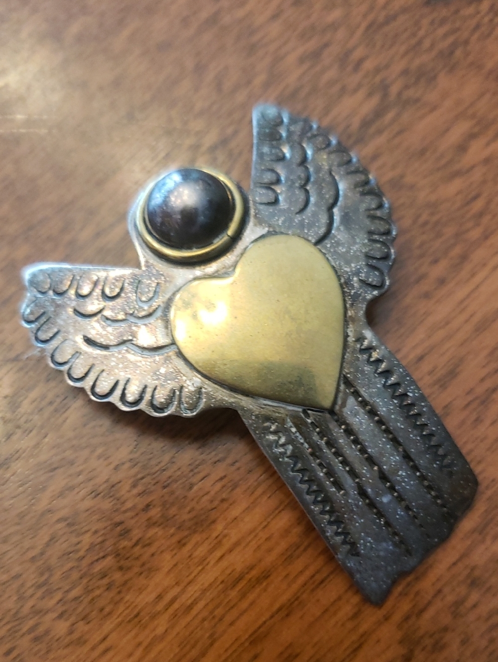 Vtg Necklace Pendant/ Brooch (Versatile) - Silver & Gold Angel with Heart Detail